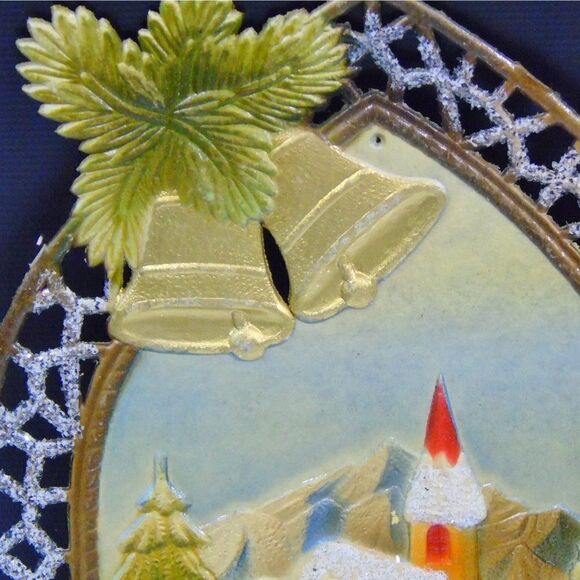Vintage Merry Christmas Happy New Year German Alps Die Cut Embossed Sign Wall - Picture 2 of 7
